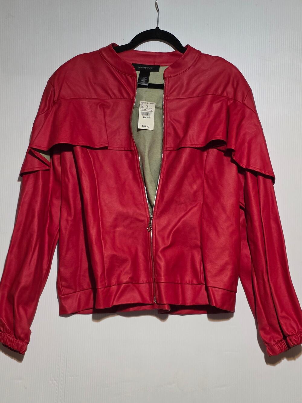 18/20 Ashley Stewart Red Faux Leather Puff Sleeve Jacket Ruffle  Moto Bomber